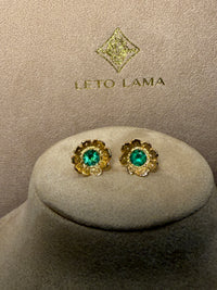 Flower Colombian Emerald Earrings 2 in 1 with removable fringe 18 Ct Gold