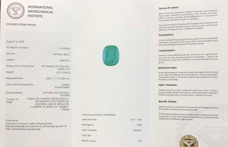 2.29 Cts IGI Certified Emerald Cushion Cut from Zambia
