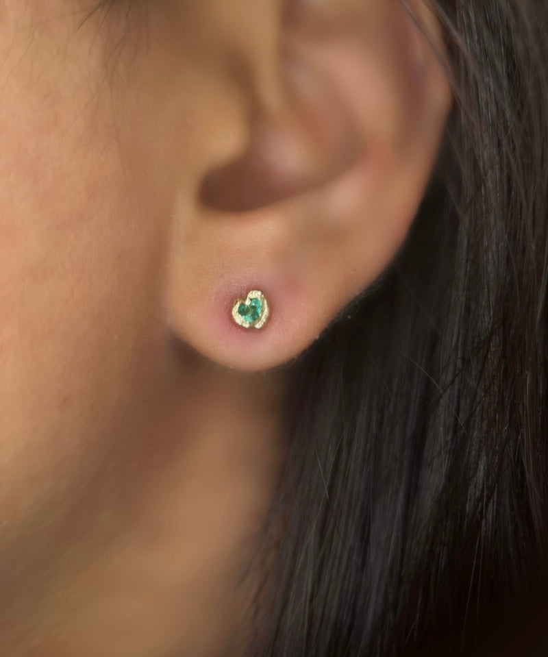 (Collected - Bespoke Variations available) Bezel Set Wobbly Baby Mini Emerald Heart Studs 18 Ct Gold (Pair)