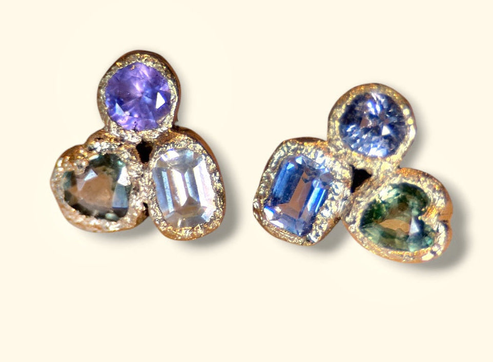 Puzzle Studs Abstract Sapphires 18 Ct Gold Bezel Pair
