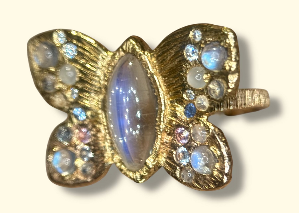 “Winterfly” 18 Ct Gold Moonstones & Diamonds Art Ring at Tomfoolery London