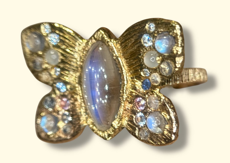 “Winterfly” 18 Ct Gold Moonstones & Diamonds Art Ring at Tomfoolery London