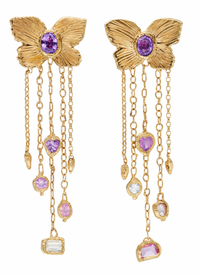 Butterfly Cuckoo Charm Earrings in 18 Ct Gold, Purple Oval Sapphires (Available at Tomfoolery London)
