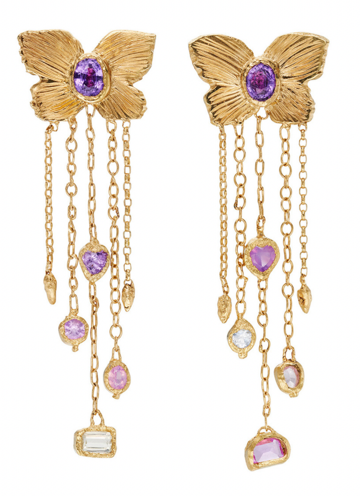 Butterfly Cuckoo Charm Earrings in 18 Ct Gold, Purple Oval Sapphires (Available at Tomfoolery London)