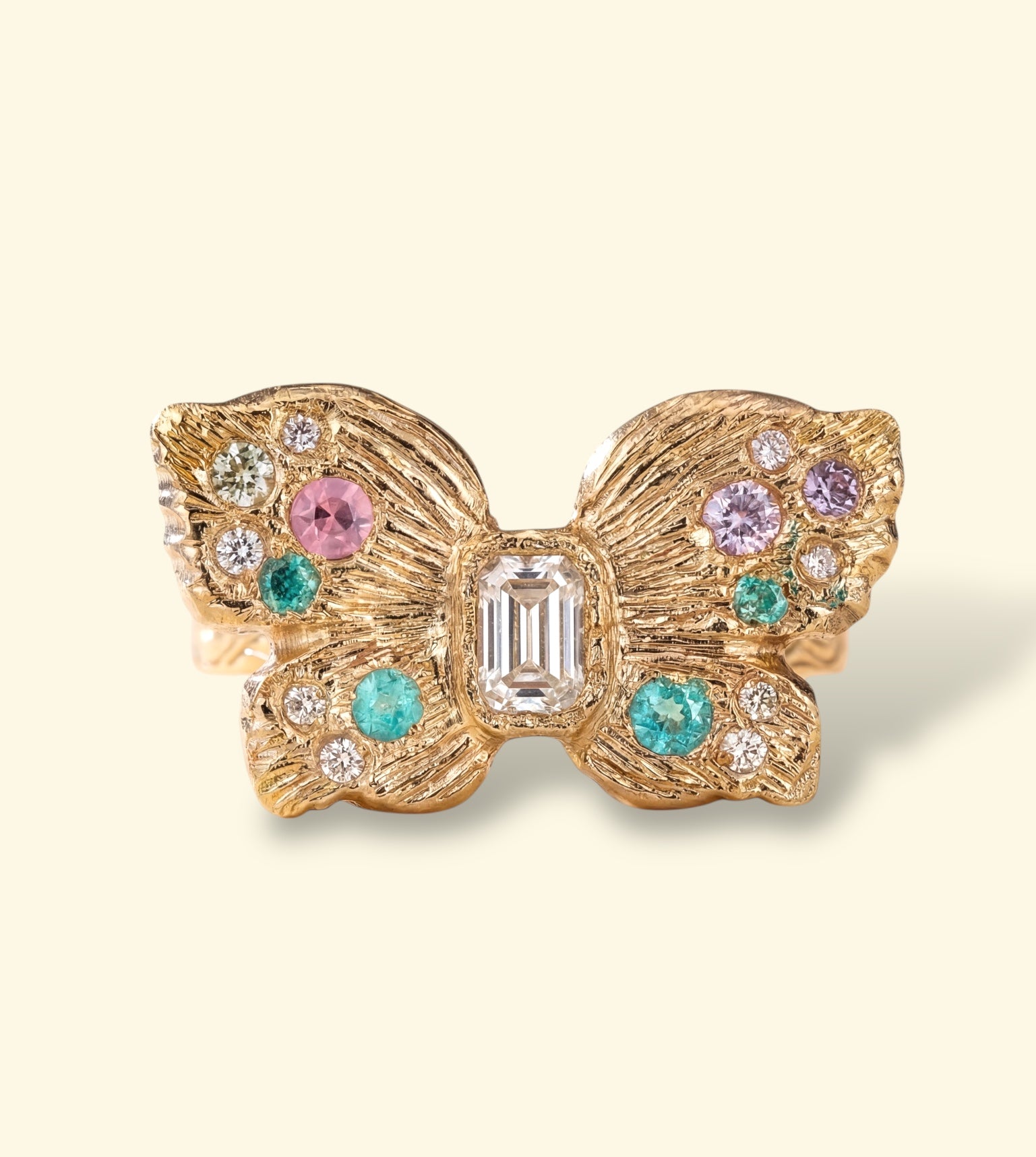 “Happiness” Butterfly Ring Sapphires, Paraibas and Diamonds in 18 Ct Gold (Available at Tomfoolery London)