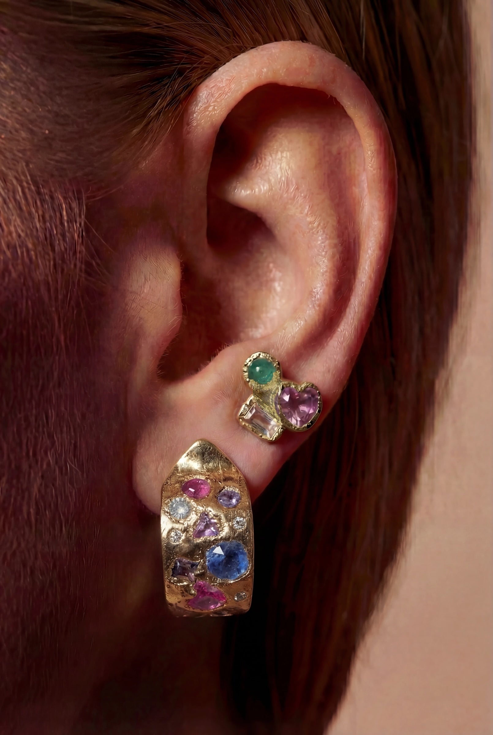 Abstract Art Semi Hoop Earrings with Sapphires in 18 Ct Gold (Available at Tomfoolery London)
