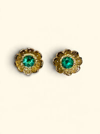 Flower Colombian Emerald Earrings 2 in 1 with removable fringe 18 Ct Gold
