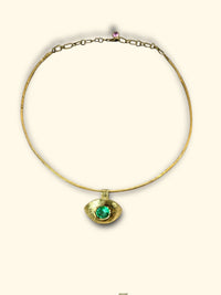 “Esmeralda Eye” Certified 2 Ct Emerald Round Large Evil Eye Wire Torque Collar Necklace 18 Ct Gold