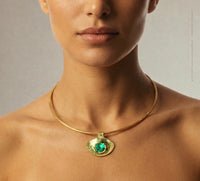 “Esmeralda Eye” Certified 2 Ct Emerald Round Large Evil Eye Wire Torque Collar Necklace 18 Ct Gold