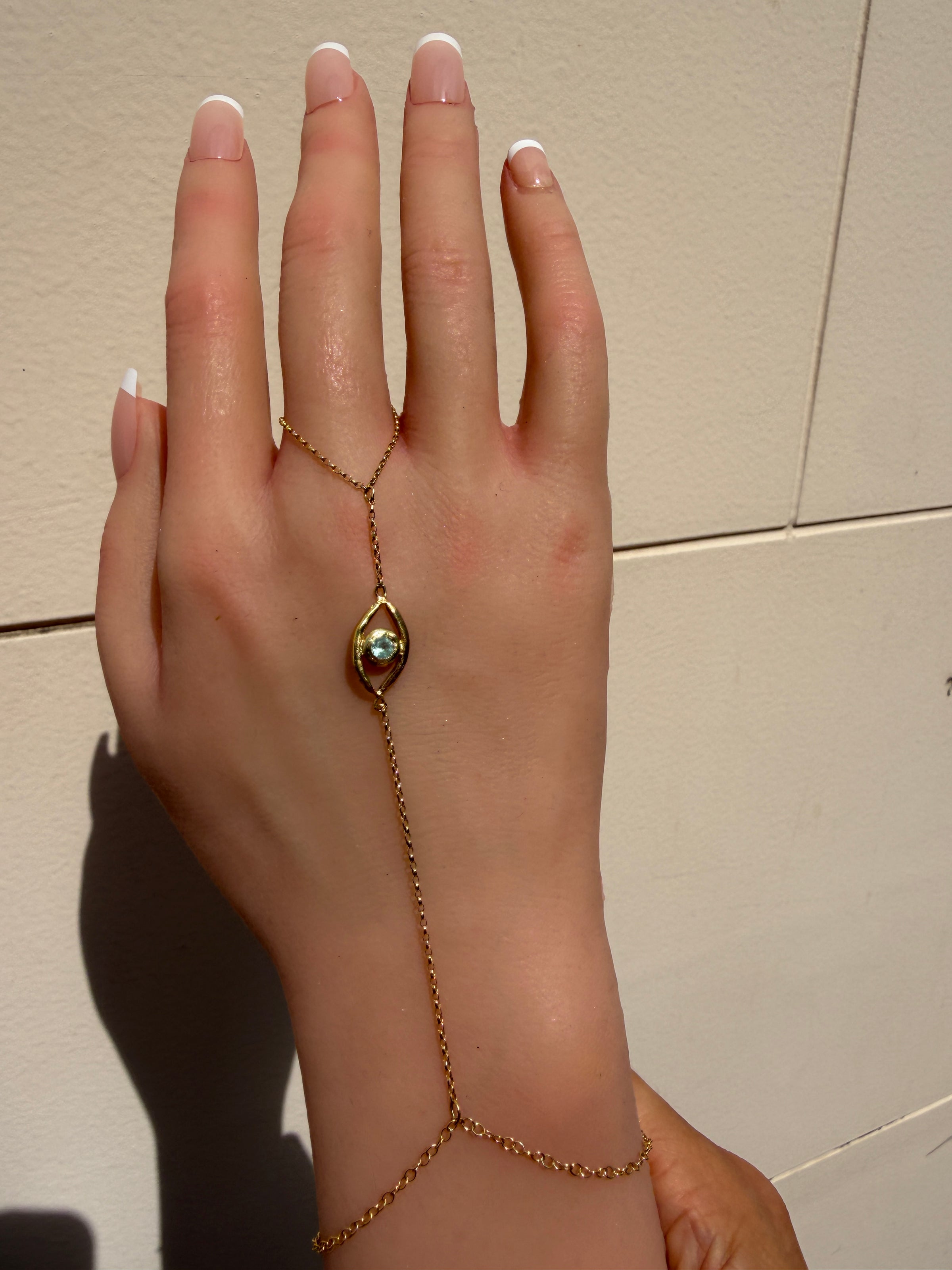 Hand Finger Chain Bracelet Paraiba Tourmaline Eye 18 Ct Yellow Gold