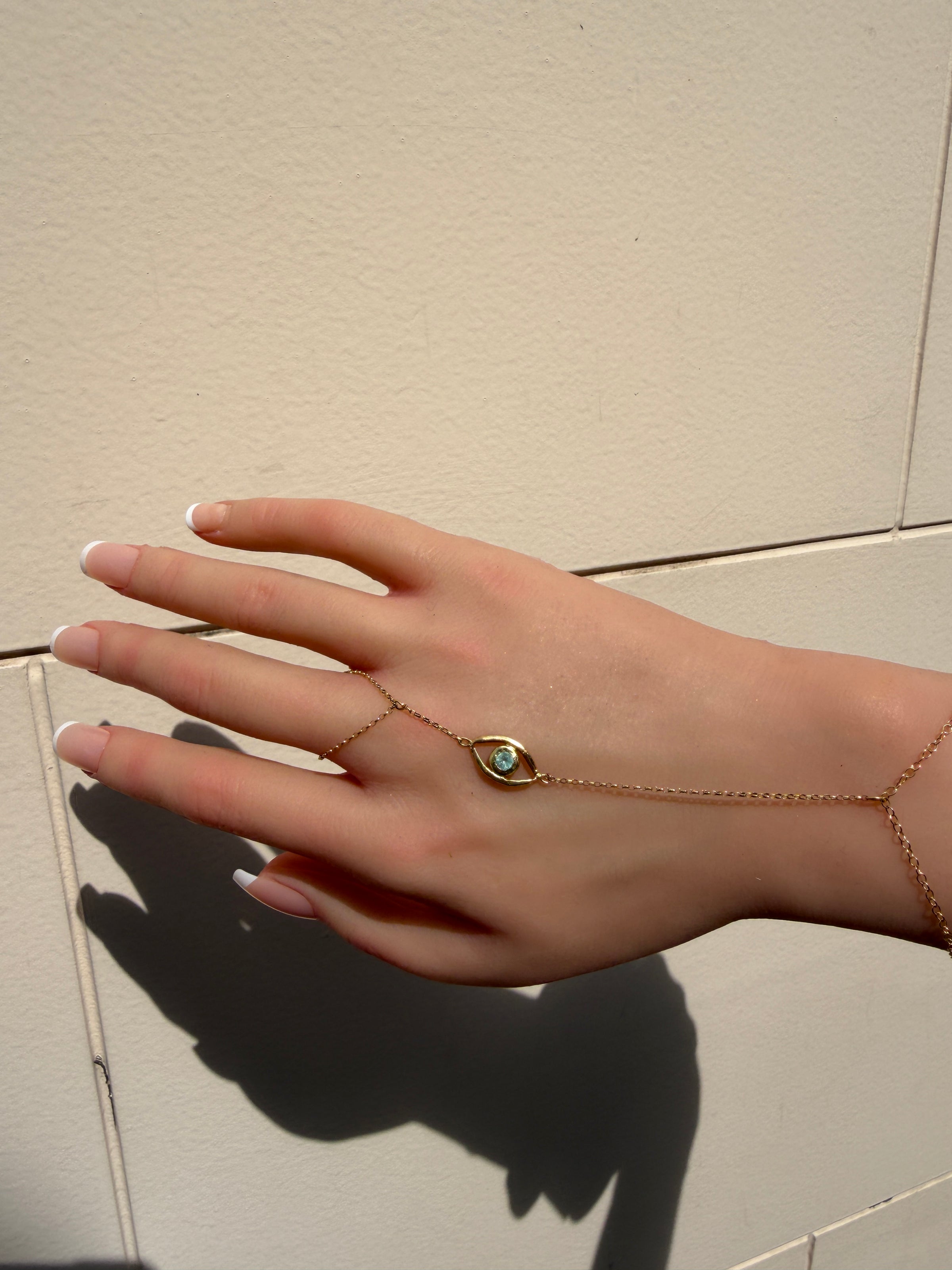 Hand Finger Chain Bracelet Paraiba Tourmaline Eye 18 Ct Yellow Gold