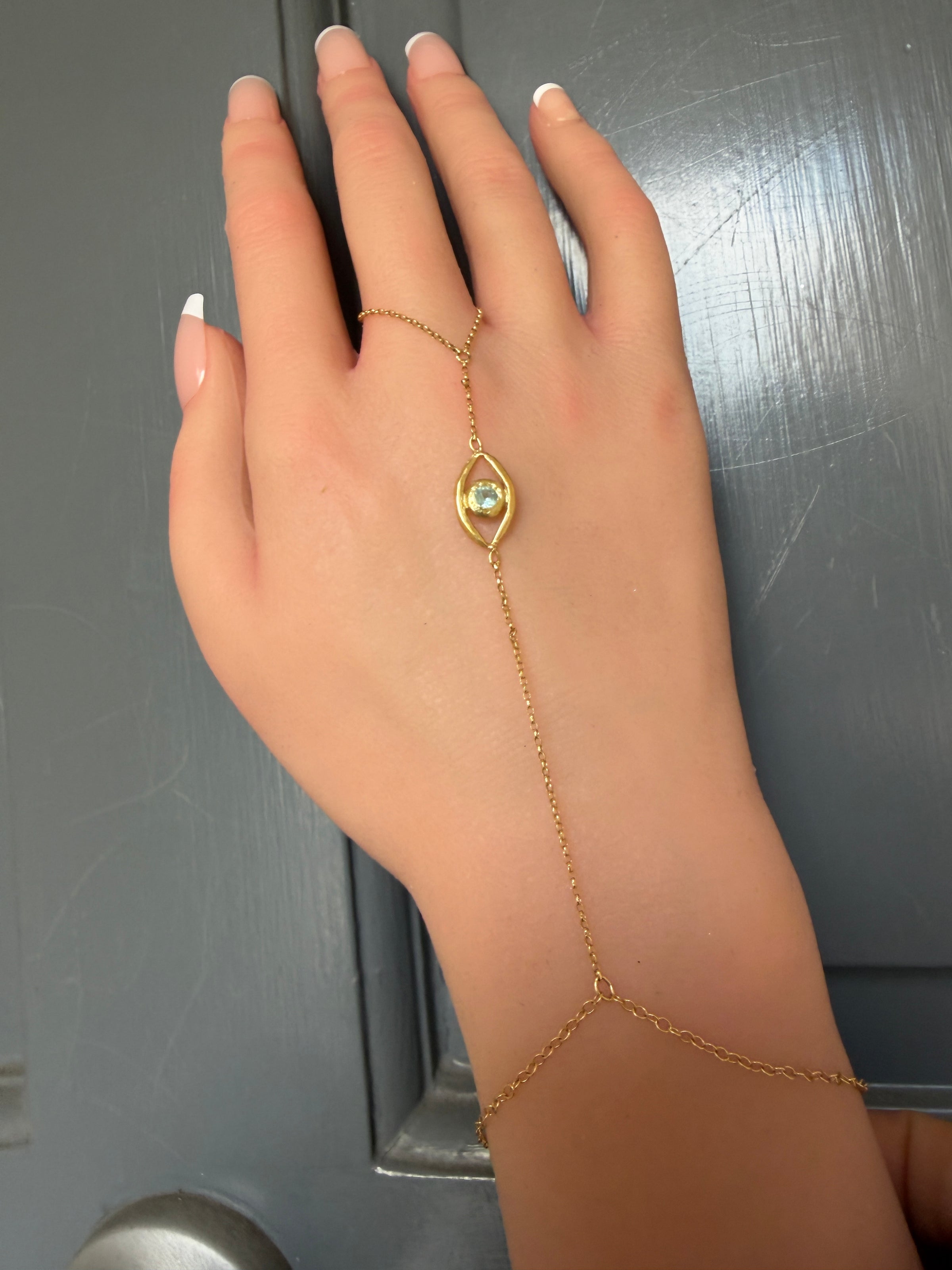 Hand Finger Chain Bracelet Paraiba Tourmaline Eye 18 Ct Yellow Gold