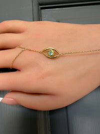 Hand Finger Chain Bracelet Paraiba Tourmaline Eye 18 Ct Yellow Gold