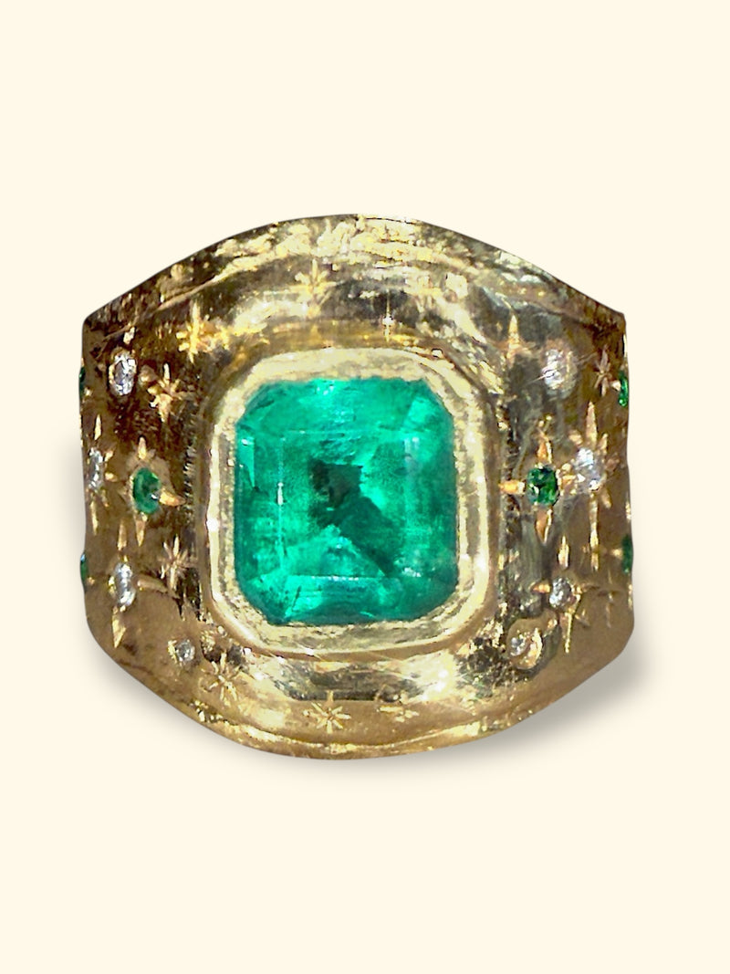 “Esmeralda” Colombian Emerald Cigar Ring Band GIA certified 1.48 Cts with Emeralds and Diamonds