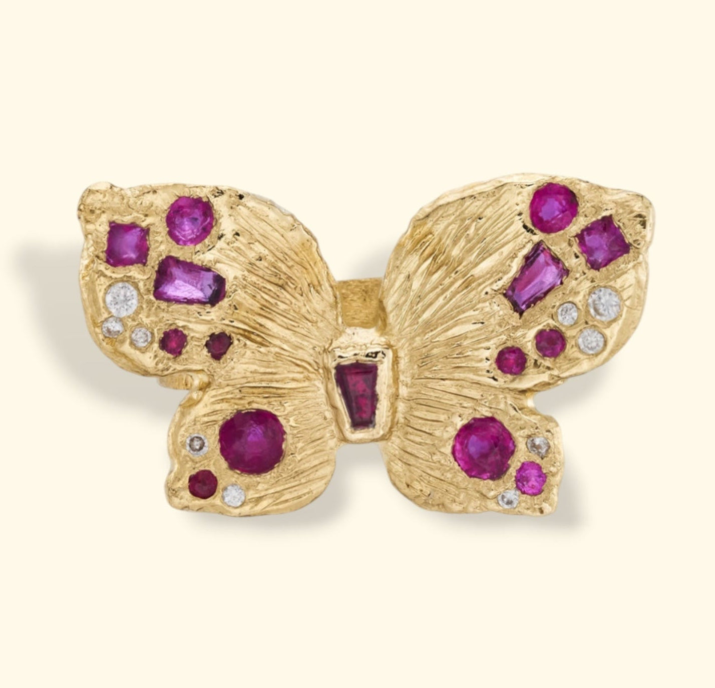 Rubies butterfly ring with Diamonds in 18 Ct Gold (Available At Tomfoolery London)