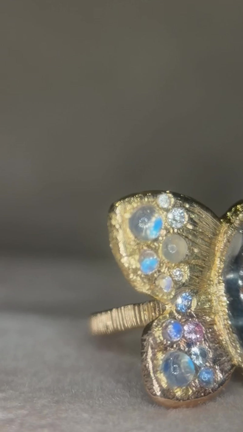 “Winterfly” 18 Ct Gold Moonstones & Diamonds Art Ring at Tomfoolery London
